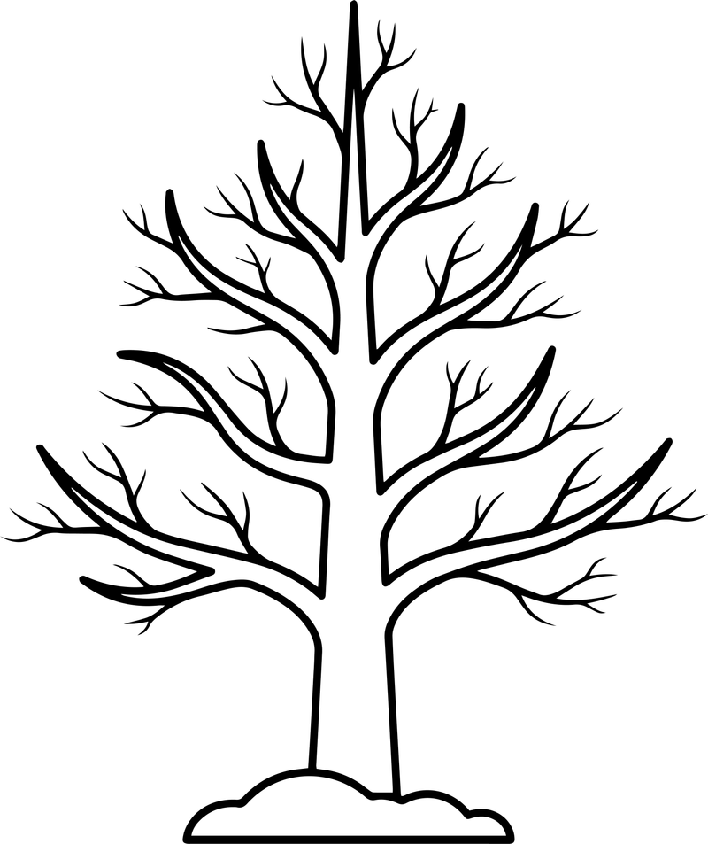 Black line art of a bare leafless tree with many branches and a small mound at its base on a transparent background